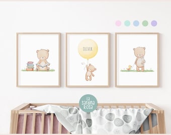 Orso, Set stampe camera bambini, Poster orsetto acquerello, Orso con palloncino personalizzabile 6 COLORI