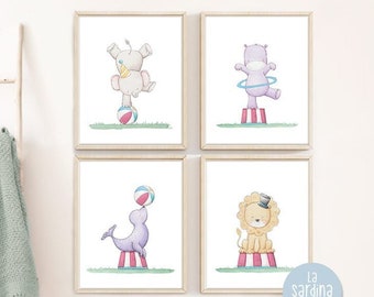 Set of 4 Circus nursery wall art, Animals print set, Kids room prints decor, Circus Elephant, Lion, Seal, Hippo