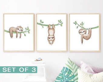 Sloth print set, Baby nursery wall art, Tropical decor, Sloth  wall art, Jungle animals print