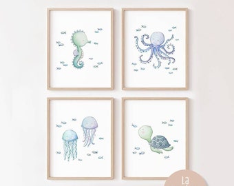 Ocean nursery print set, Under the sea wall art, Nautical kids room decor, Sea life animals art, Turtle, Jelly fish, Seahorse, Octopus  A