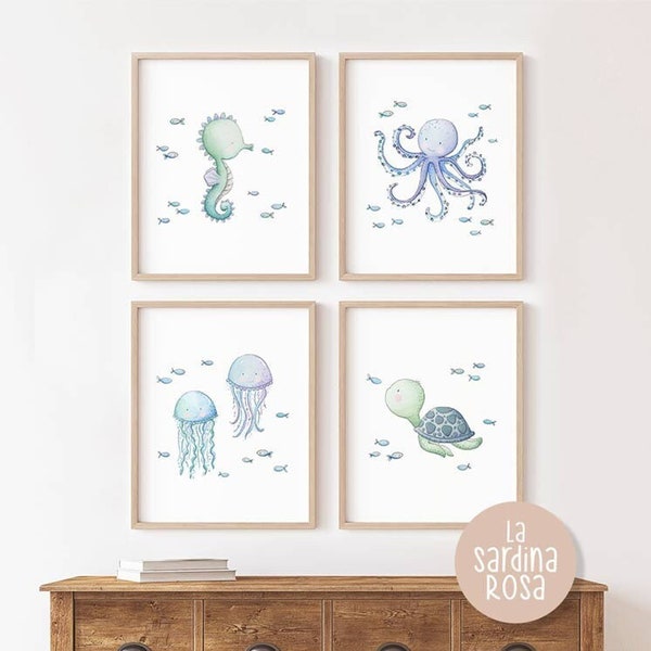 Lot 4 affiches enfant thème Mer, Déco chambre bébé Océan, Poster poissons, Tableux chambre enfant, meduse, pieuvre, tortue, Hippocampe