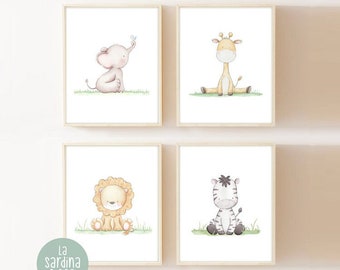 Set of 4 Baby animals prints, Safari nursery decor, Nursery wall art, Elephant Giraffe Zebra Lion