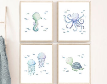 Under the sea wall art, Ocean nursery prints set, Baby room wall art, Nautical nursery decor  Sea turtle, Octopus, Jelly fish, Seahorse.