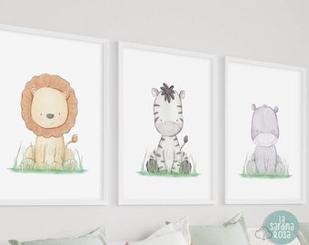 Jungle animals prints set, Kids wall art, Baby animals, Safari nursery art, Gender neutral, New baby gift, Lion, Zebra, Hippo