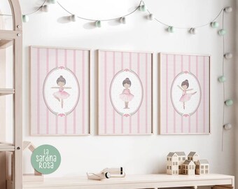 Black ballerina prints for Baby girl room decor, Pink stripes nursery wall art, Watercolor printable Ballerina, Coquette Art