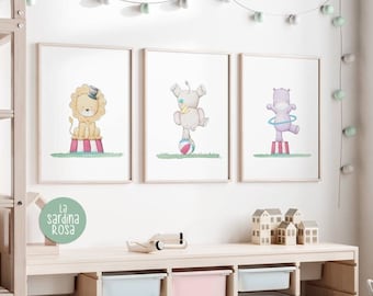 Kids room wall art, Circus nursery theme, Toddler Playroom print set, Circus animals art, Lion, Hippo, Elephant