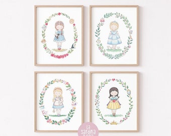 Girls room printable art, Fairy Princess decor, Little girl nursery SET of wall art, Cinderella, Alice print, Snow White, Wizard of Oz