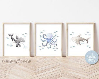 Set of 3 Ocean nursery prints, Under the sea baby wall art, Nautical nursery decor set Orca Whale, Shark, Octopus print