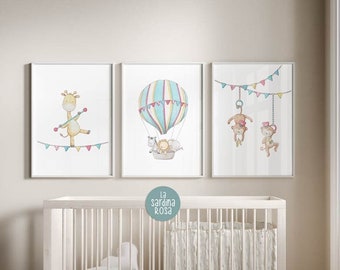 Set of 3 animal nursery wall art, Kids room decor, Hot air balloon print, Circus themed nursery, Giraffe Monkey