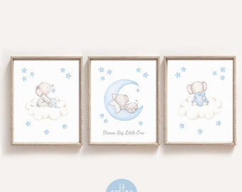 Boy nursery wall art, Set of 3 Baby elephant, Blue Moon and stars nursery decor, Kids room PRINTABLE wall art, Dream big little one