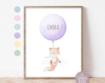 Fox nursery art print, Custom baby name, Woodland decor, Personalized nursery wall art, Forest animal Balloon wall art, 6COLOR