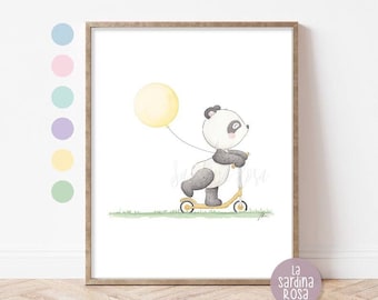 Poster Panda, Stampa cameretta bambini, Quadretto Panda acquerello,  Illustrazione animali e palloncini per camera bimbi