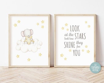 Baby nursery wall art Elephant, Baby room print set, Gender neutral Clouds and stars, Nursery PRINTABLE quote, Look at the Stars Yellow