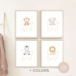 Safari baby animals, Stars and cloud, Nursery print set, Baby room decor, Baby animals watercolor print, 4 COLORS