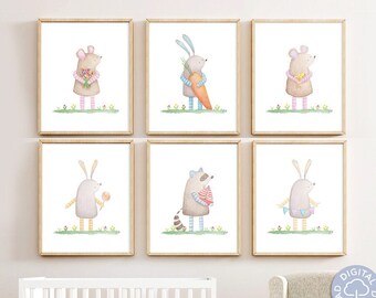 Woodland nursery wall art, Baby room prints, Set of 6, Forest nursery decor, PRINTABLE nursery art, Bunny Raccoon Mouse