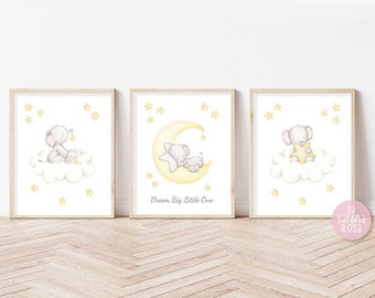 Baby elephant Nursery wall art, Dream big little one, Set of baby room printable poster,  Moon star neutral nursery decor