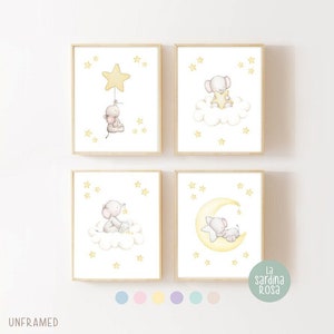 Elephant nursery wall art, Moon and stars print set, Baby elephant nursery decor, Baby room wall decor
