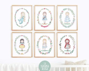 Princess print set, Girl nursery wall art, Baby girl room print, Princess theme, Girl room decor, Fairy Tales print set of 6