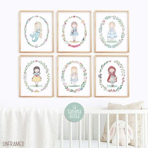 Princess print set, Girl nursery wall art, Baby girl room print, Princess theme, Girl room decor, Fairy Tales print set of 6
