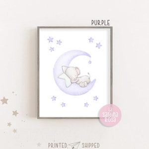 Stampe elefante, Poster camera bambini, Quadro elefante luna, Illustrazione animali, Quadro cameretta neonato, Stampa luna e stelle Viola