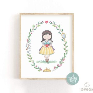 May include: A watercolor illustration of Snow White, a Disney princess, holding a red apple. She is wearing a yellow dress with a blue sash and a red bow. The illustration is surrounded by a wreath of green leaves and flowers.
