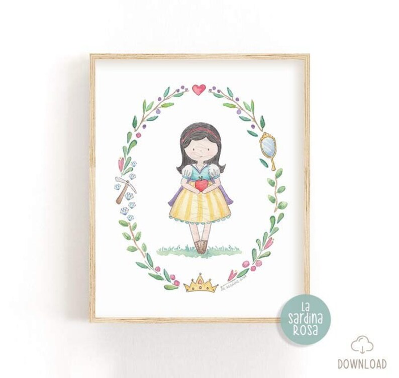 May include: A watercolor illustration of Snow White, a Disney princess, holding a red apple. She is surrounded by a wreath of green leaves and flowers, with a mirror, a pickaxe, and a crown. The illustration is on a white background with a wooden frame.