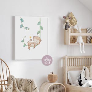 May include: A watercolor illustration of a monkey sleeping on a vine with green leaves. The illustration is framed and has a pink circle with the text "La Sardina Rosa" below it.
