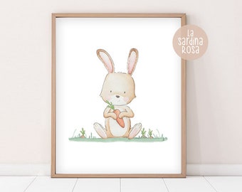 Bunny nursery wall art, Printable baby room decor, Watercolor bunny print, Woodland nursery art decor, download