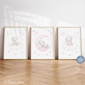 Elephant wall art for Baby girl room decor, Moon Stars nursery print, Pink gray, Newborn gift, PRINTABLE nursery art