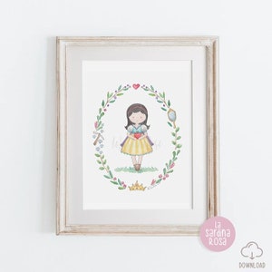 May include: A watercolor illustration of Snow White, a princess from the fairy tale, holding a red heart. She is surrounded by a wreath of green leaves and flowers, with a crown, a mirror, and a pickaxe in the wreath. The illustration is framed in a white frame.