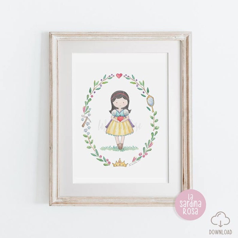 May include: A watercolor illustration of Snow White, a princess from the fairy tale, holding a red heart. She is surrounded by a wreath of green leaves and flowers, with a crown, a mirror, and a pickaxe in the wreath. The illustration is framed in a white frame.