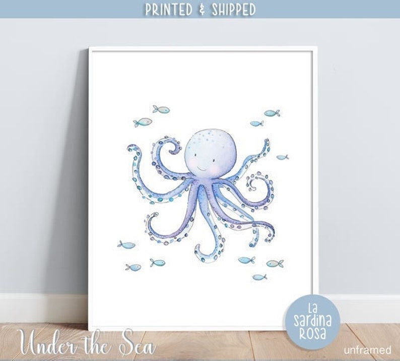 Ocean nursery wall art, Sea life print, Octopus, Nautical Baby room decor, Under the sea animal, Watercolor sea print image 2