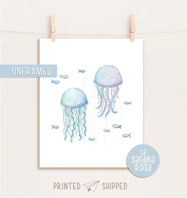 Ocean nursery print set, Under the sea wall art, Nautical kids room decor, Sea life animals art, Turtle, Jelly fish, Seahorse, Octopus A image 8