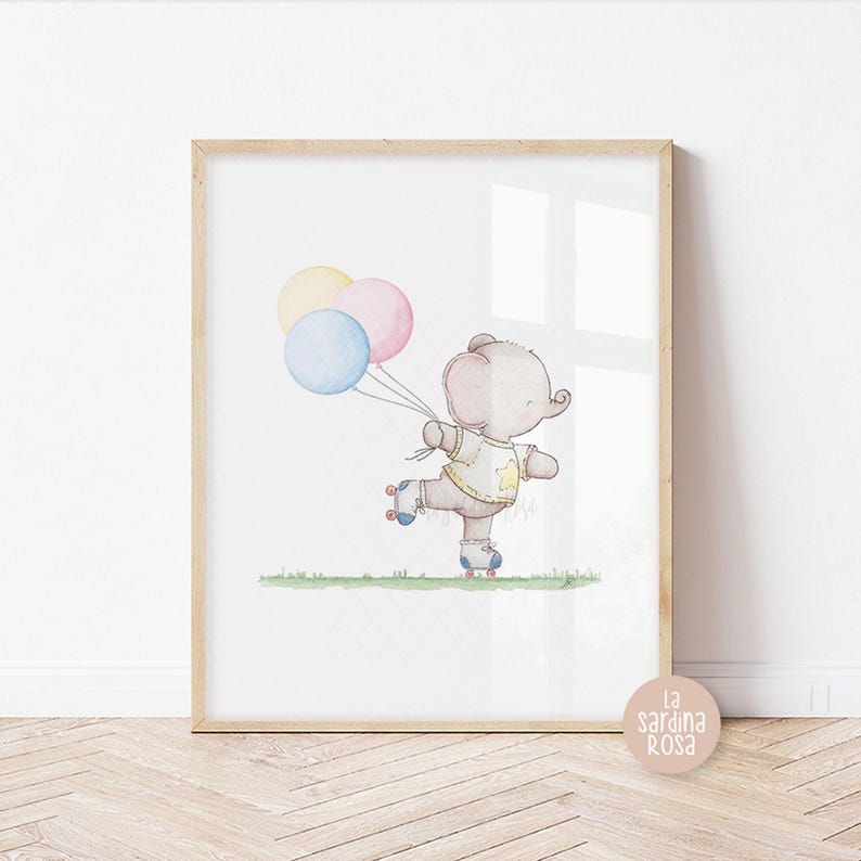 Puede incluir: Una ilustraci&oacute;n de acuarela de un elefante lindo con una camisa amarilla y patines, sosteniendo tres globos en rosa, amarillo y azul.