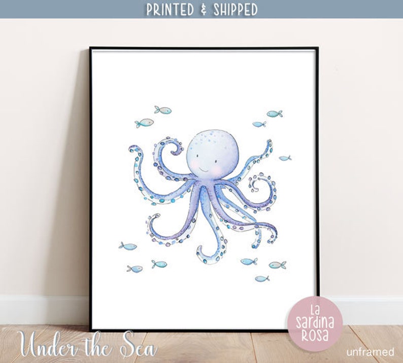 Ocean nursery wall art, Sea life print, Octopus, Nautical Baby room decor, Under the sea animal, Watercolor sea print image 6