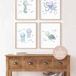 Ocean nursery print set, Under the sea wall art, Nautical kids room decor, Sea life animals art, Turtle, Jelly fish, Seahorse, Octopus A image 6