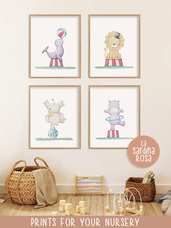 Set of 4 Circus Animals Nursery Wall Art, Kids Room Print Set, Gender ...