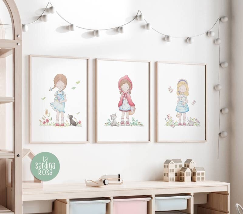 Girl room print set, Storybook nursery wall art, Reading nook poster, Baby nursery decor, Alice, Dorothy, Little Red Riding Hood