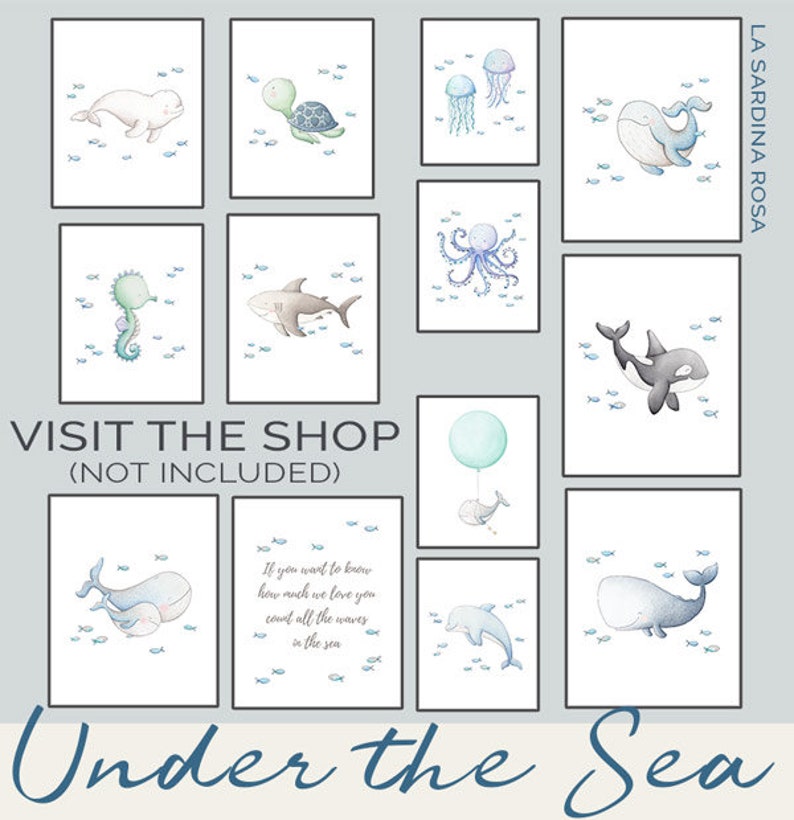 May include: A set of 10 printable nursery art prints featuring various sea creatures, including a whale, a seahorse, a turtle, a jellyfish, an octopus, and a shark. The prints are in a watercolor style and have a light blue background with white outlines. The text "Under the Sea" is written at the bottom of the image.