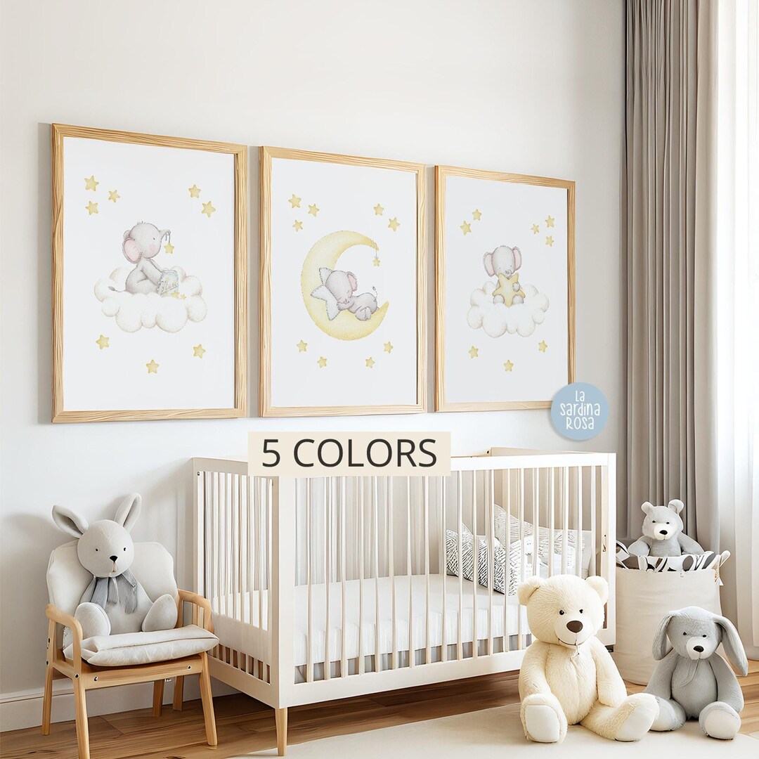 Elephant Nursery Wall Art, Set of 3 Prints, Moon and Stars Nursery ...