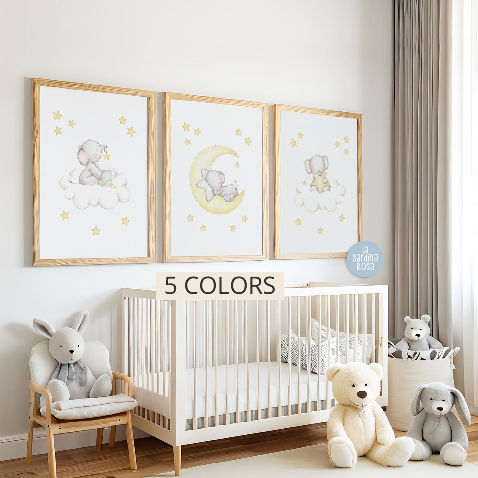 Elephant Nursery Wall Art, Set of 3 Prints, Moon and Stars Nursery ...