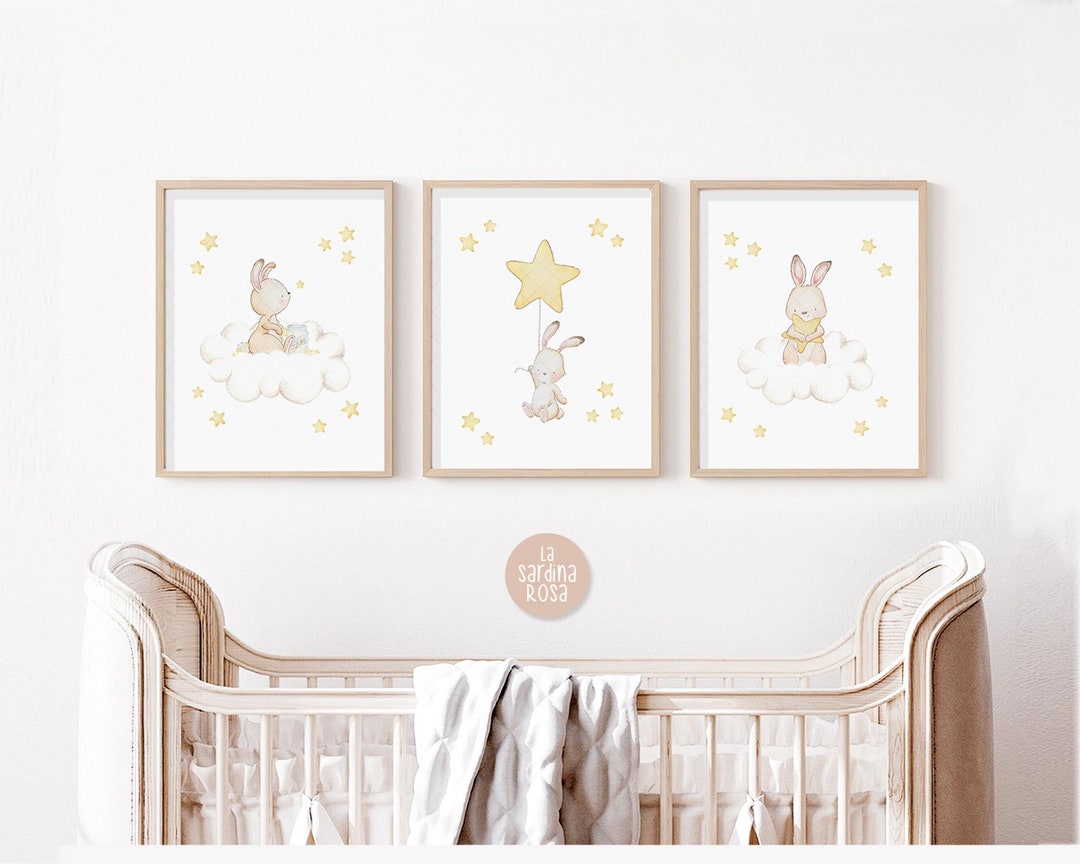 Set of Bunny Nursery Wall Art, Baby Room Decor, Cloud and Stars Nursery ...