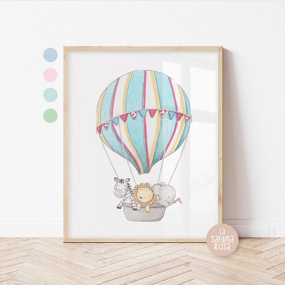 Hot air balloon print, Safari nursery art, Gender neutral Baby room print, Travel theme nursery decor