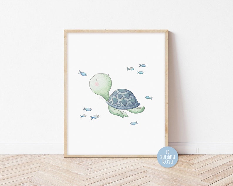 May include: A watercolor illustration of a green sea turtle swimming with blue fish. The turtle has a blue shell with a white background.