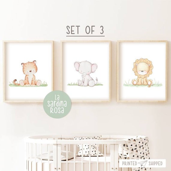 Set 3 quadri camera bambini, 3 poster cuccioli animali giungla, gruppo 3  stampe per cameretta bimbii, poster leone, elefante, tigre -  Italia