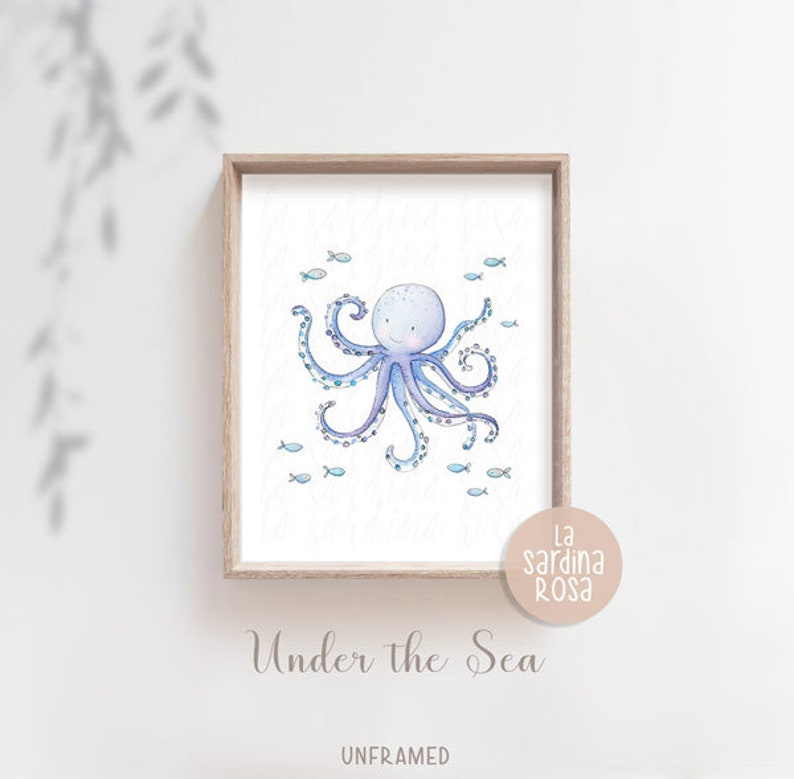 Ocean nursery wall art, Sea life print, Octopus, Nautical Baby room decor, Under the sea animal, Watercolor sea print image 7