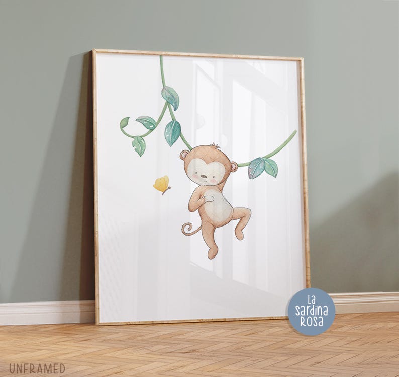May include: A watercolor illustration of a brown monkey hanging from a vine with green leaves. A yellow butterfly is flying nearby. The illustration is on a white background with the text "La Sardina Rosa" in the bottom right corner.