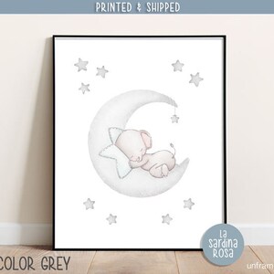 Stampe elefante, Poster camera bambini, Quadro elefante luna, Illustrazione animali, Quadro cameretta neonato, Stampa luna e stelle Grigio