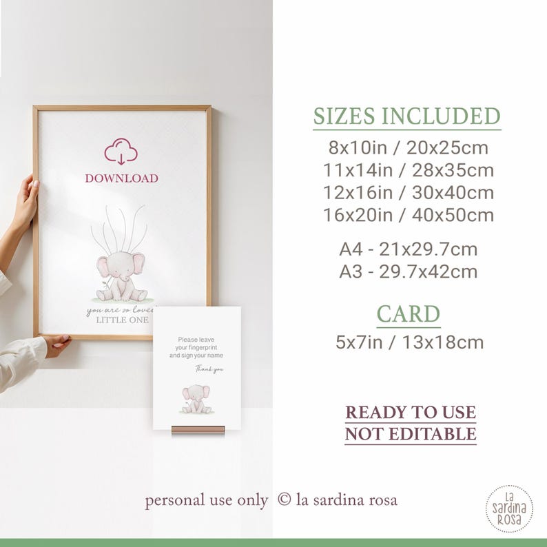 May include: Printable digital download of a cute elephant illustration with the text "You are so loved little one" and "Download". The illustration is perfect for a baby shower or a nursery. The download includes multiple sizes, including 8x10 inches, 11x14 inches, 12x16 inches, 16x20 inches, A4, A3, and 5x7 inches.