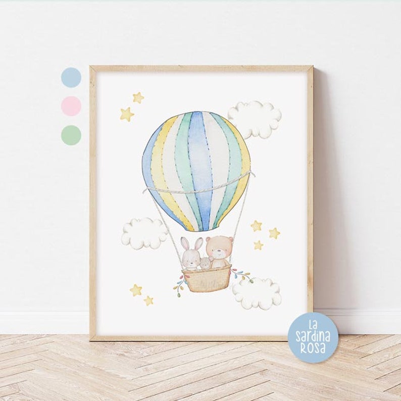 May include: A watercolor illustration of a hot air balloon with a bear and two bunnies inside. The balloon is blue, yellow, and green with white stripes. The background is white with clouds and stars.